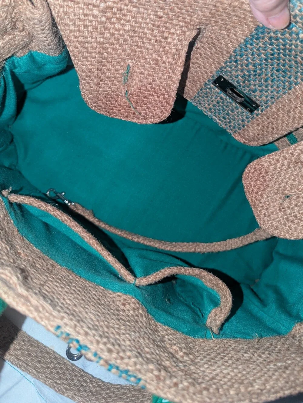 Woven Paris Jute Burlap Satchel Bag with Green Bandana Wrapped Handles Accent